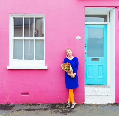 Sophie as we know her best. Surrounded by colour.
