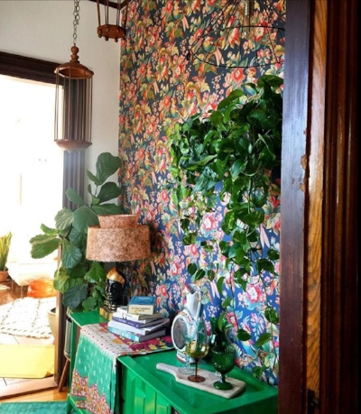 Stunning wallpaper and boho chic at the home of Kara Evans .