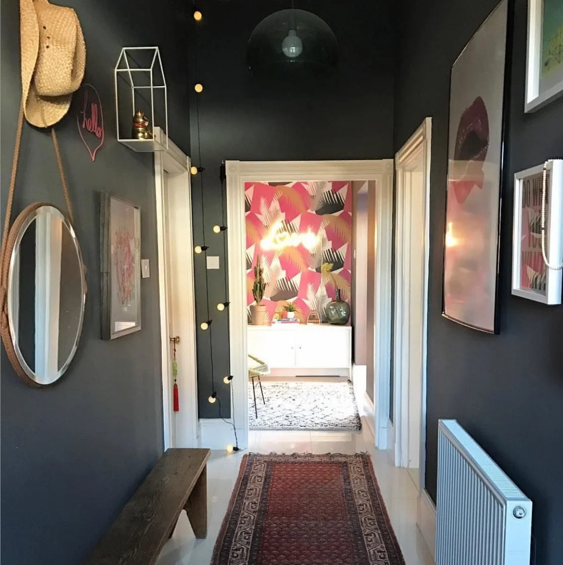 My hallway wallpaper is a good contrast to the dark grey in the corridor which could be overwhelming without the colour pop.