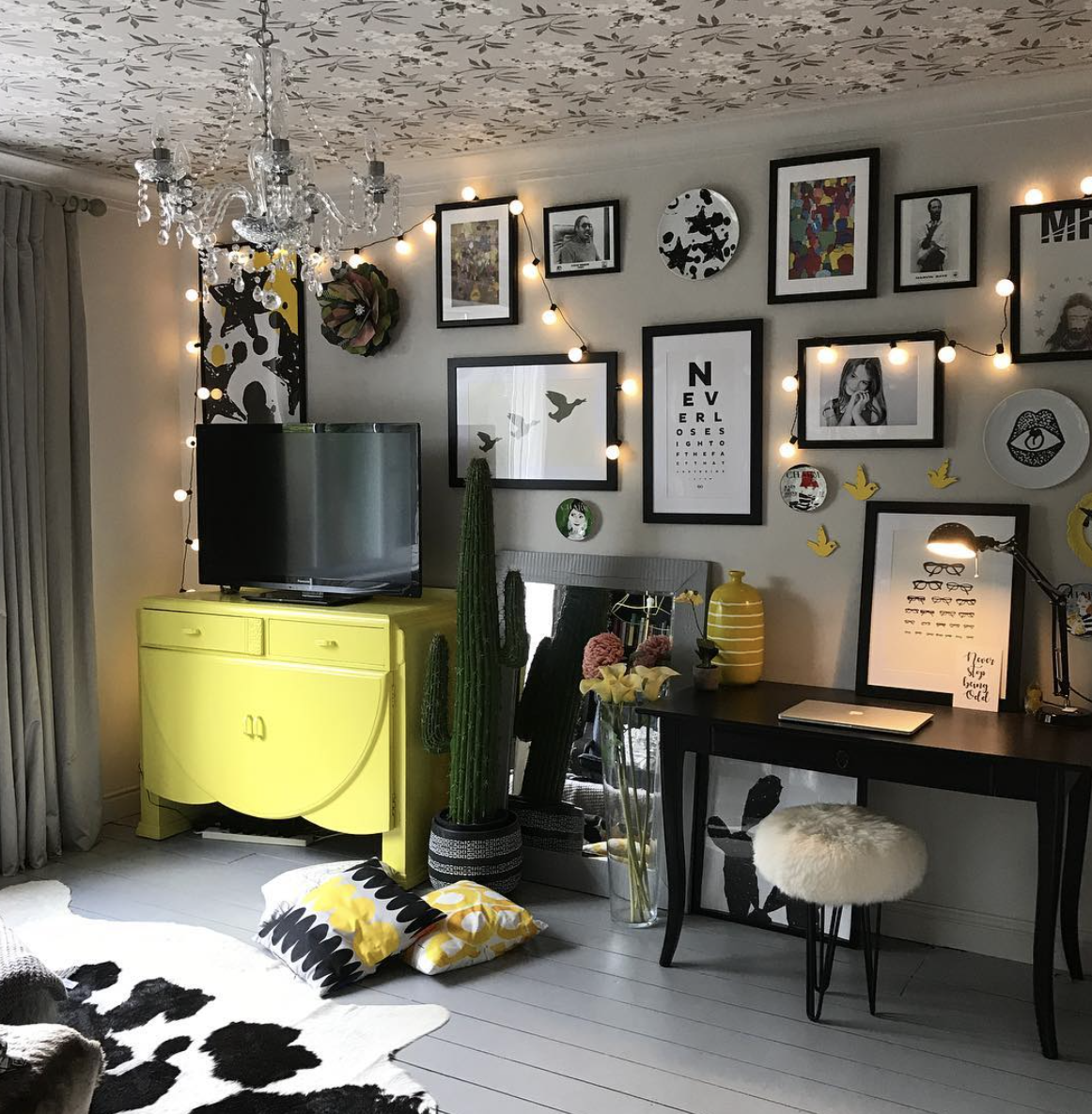 Julia at Suburban Salon has given her room a yellow colour pop with this upcycled cabinet. Plus her use of wallpaper on the ceiling gives the whole space an edge.