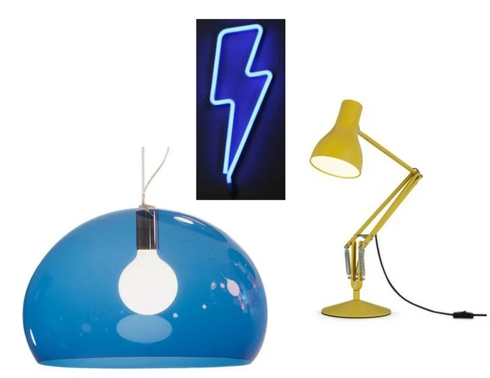 Kartell Fly Lamp , Nest.co.uk; Neon Bolt , Violet & Thistle; Anglepoise , Nest.co.uk