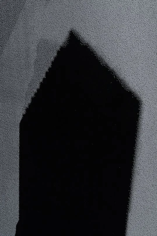   ICU ; 260cm x 300cm; hand-printed silkscreen. white ink on industrial black acrylic sheeting; 2019. (detail) 