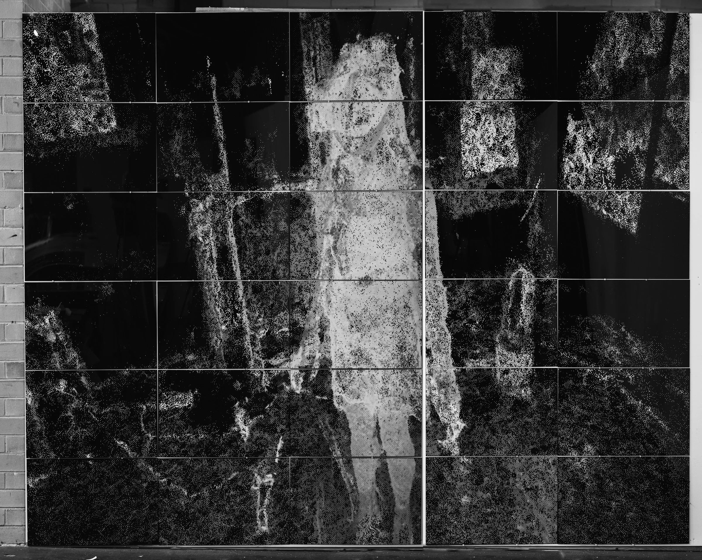   Selfie ; 260cm x 300cm; hand-printed silkscreen. white ink on industrial black acrylic sheeting; 2019  