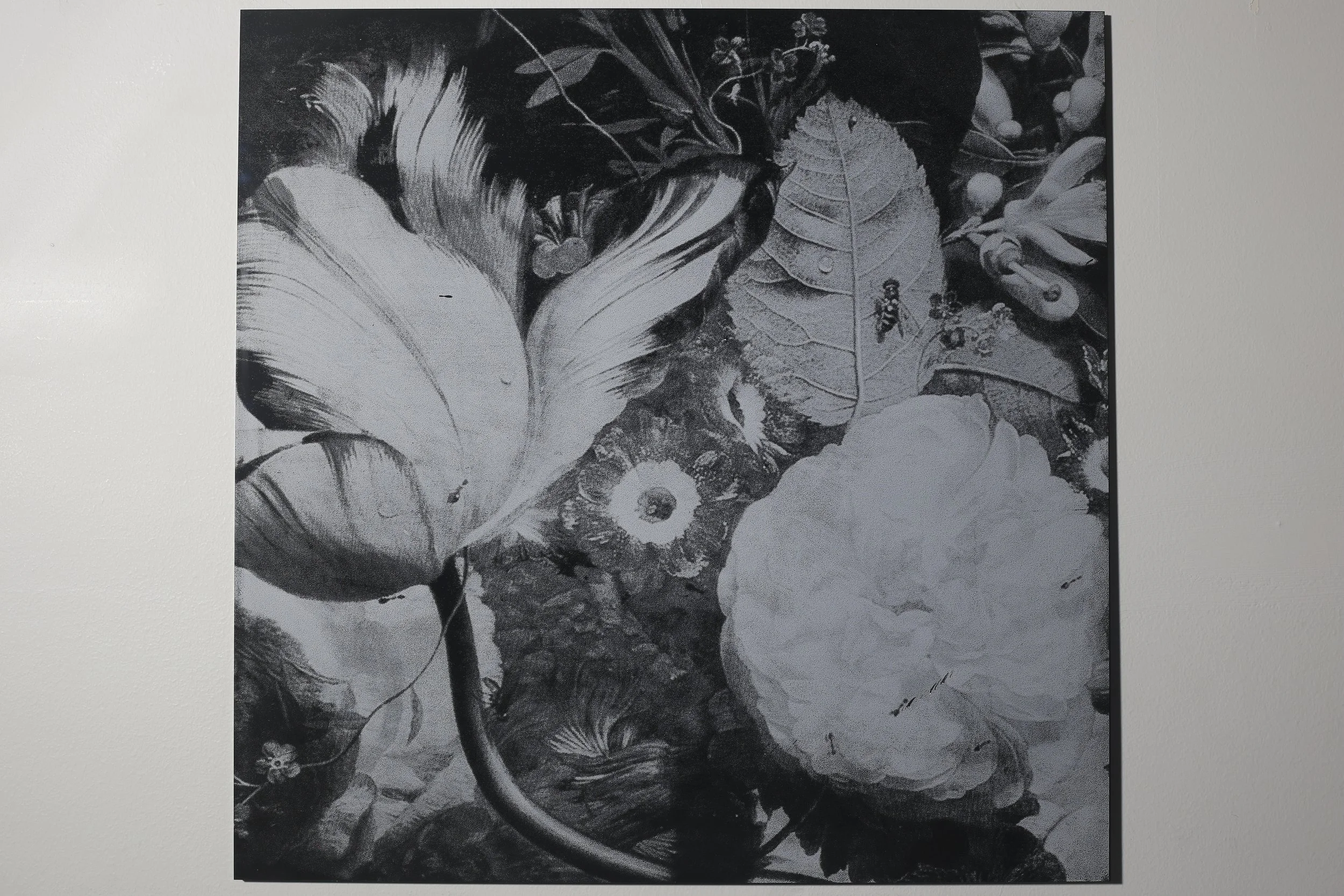 Untitled; 40cm x 40cm; hand-printed silkscreen. white ink on industrial black acrylic sheeting; 2025