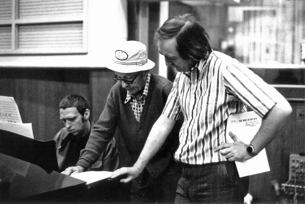 Kevin with Bing Crosby in Decca studio 3. Arranger and conductor Alan Cohen is at the piano. 1976
