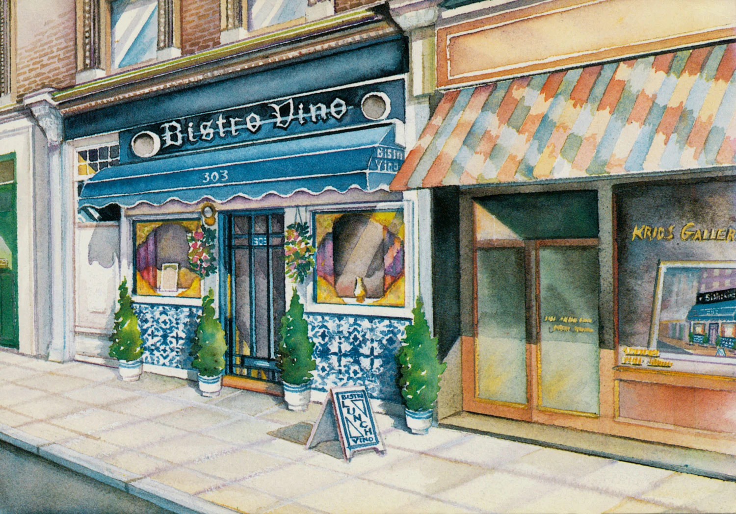 'THE BISTRO VINO' 303 FULHAM ROAD, IN A POSTCARD PAINTED BY ANN MAVROLEON, WHERE KEVIN SPENT MANY A LUNCH HOUR. PATE AND TOAST, STEAK AND CHIPS, AND CASSATA. AND MUCH WINE. NATURALLY. 