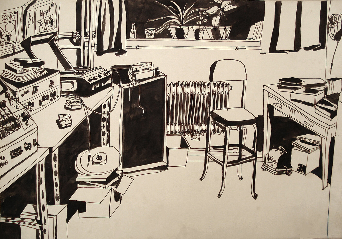 Kevin's drawing of the tape copying room, Decca Studios, early 1960s