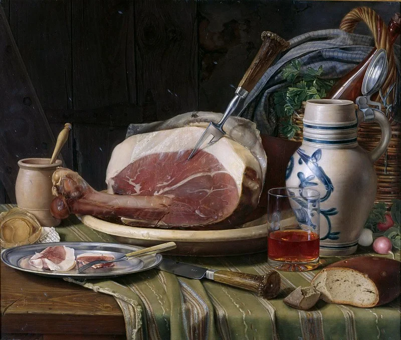 Йозеф Петер Вильмс (Josef Wilms), "Натюрморт с ветчиной" („Küchenstück mit Schinken“ / 1835–1836)