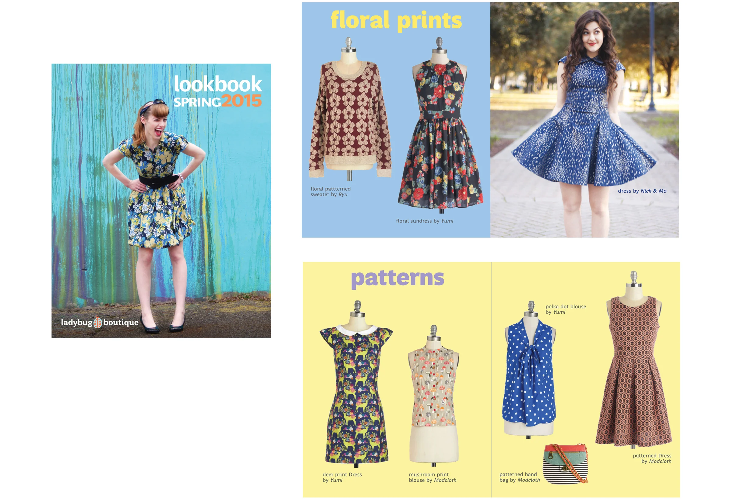 Lookbook, cover and two inner spreads, 4 x 5 inches