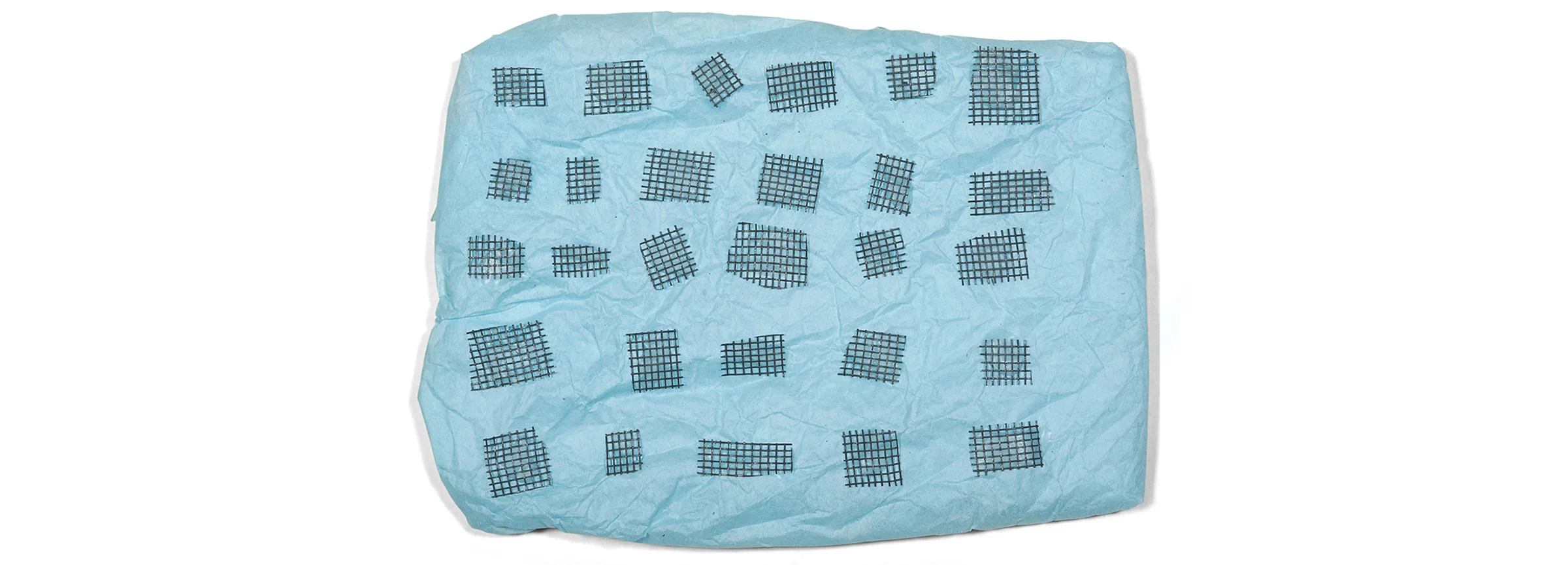 Tender Blue, plastic netting on tissue paper on posterboard, 5 x 6.5 inches