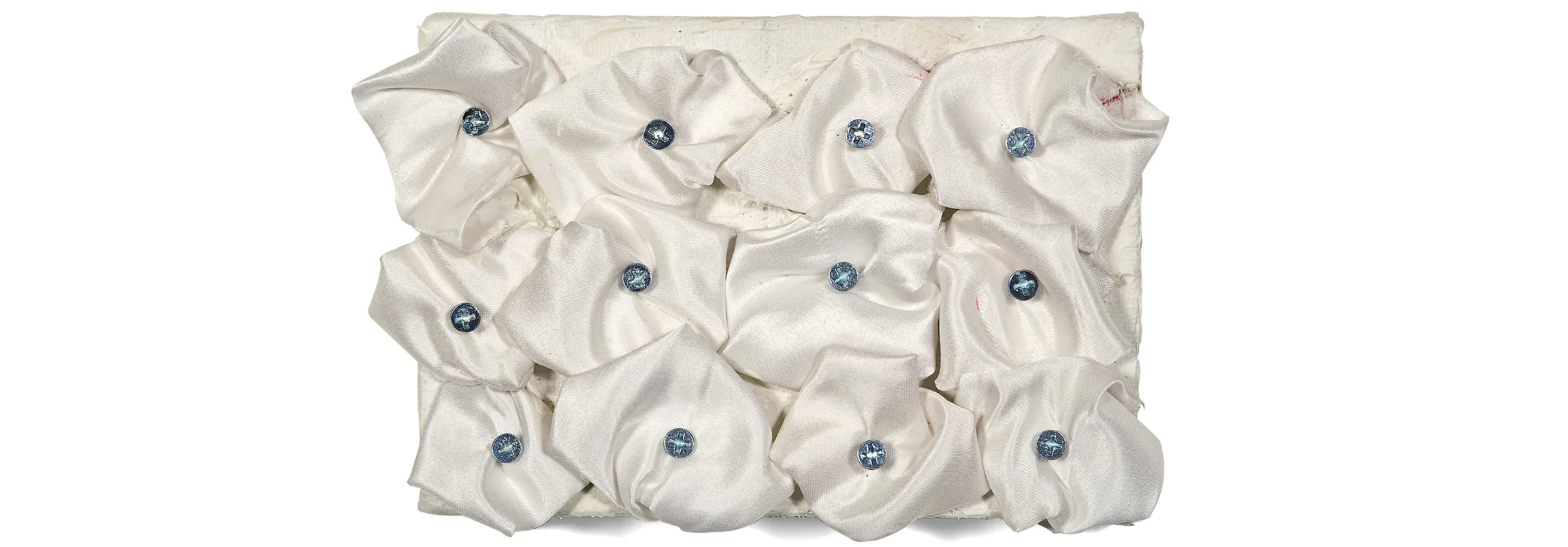 Pearl, satin fabric, metal screws and acrylic on canvas, 4.5 x 6 inches