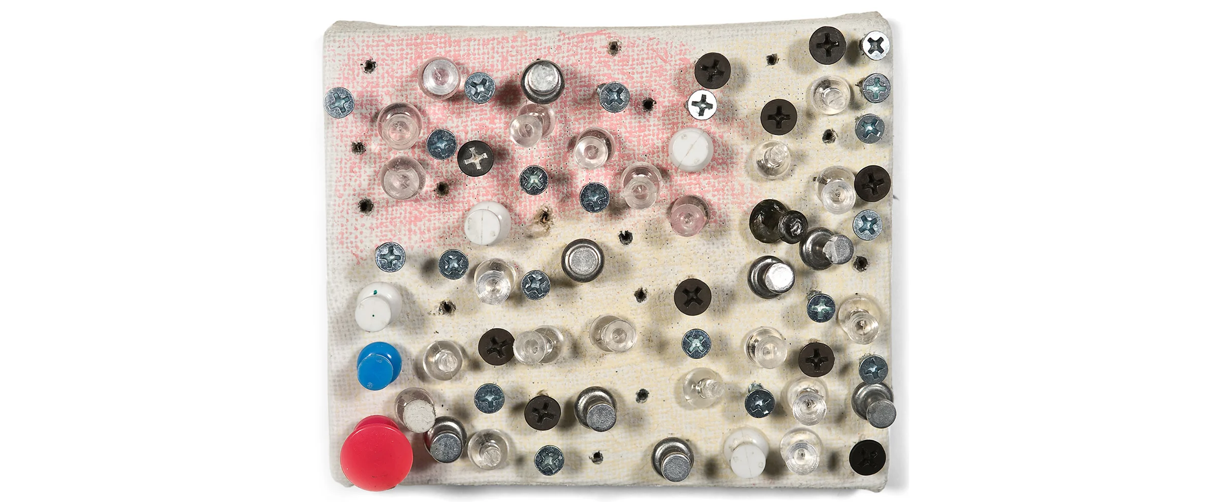 Knot, push pins, screws, and colored pencil on canvas, 4 x 5 inches