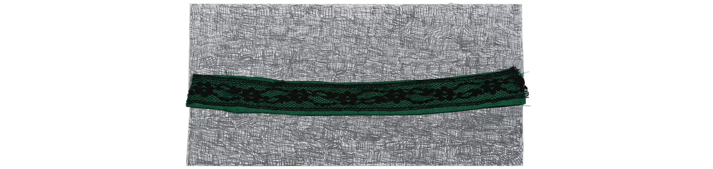 Lacing Across, hand-sewn fabric and lace over graphite on posterboard, 4 x 8 inches