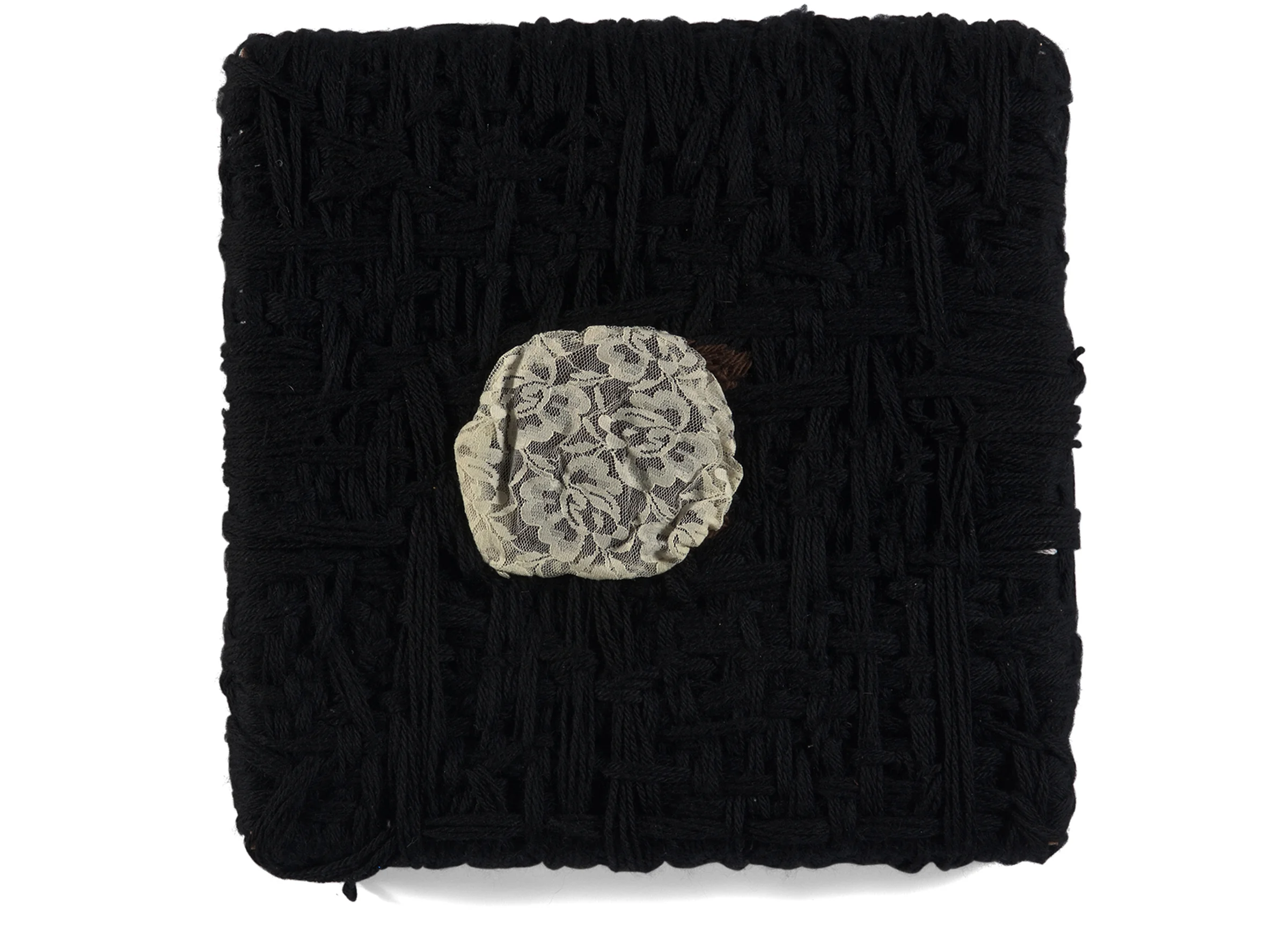 Bull's Eye, black and brown yarn and lace around wooden stretcher bar, 15 x 15 inches