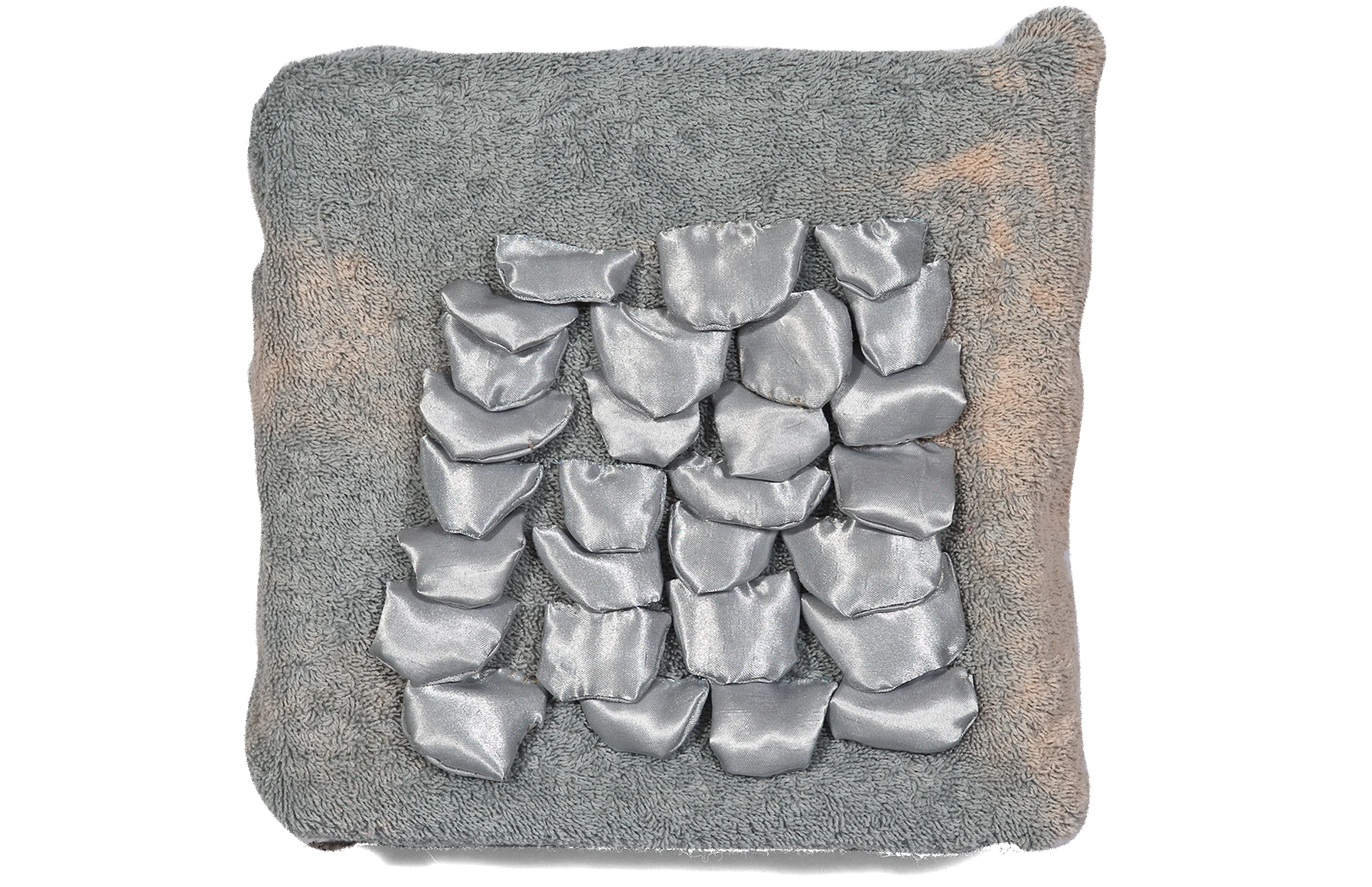 Towel, towel and hand-sewn satin, 9 x 9 inches