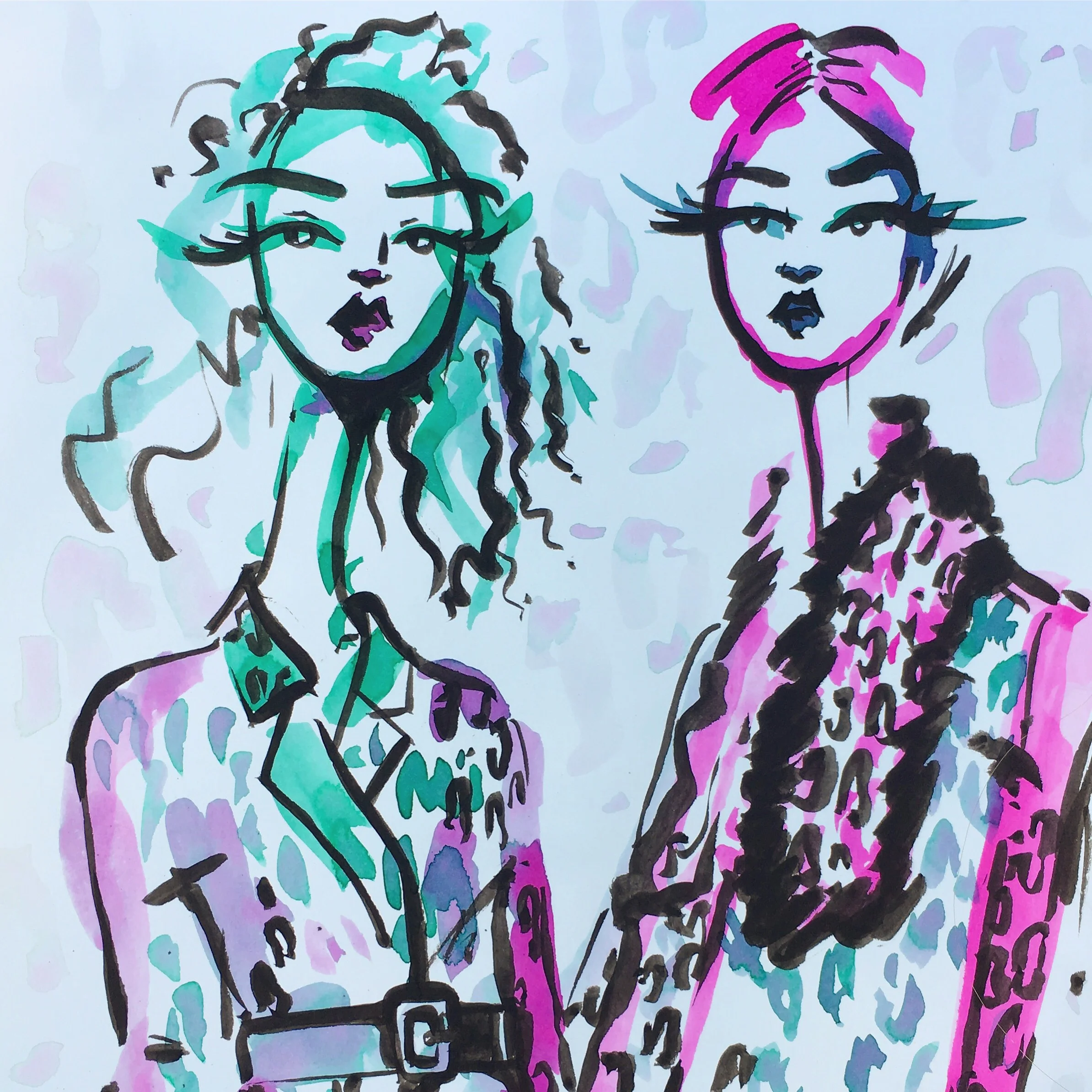 LADIES IN PINK AND GREEN ANIMAL PRINT