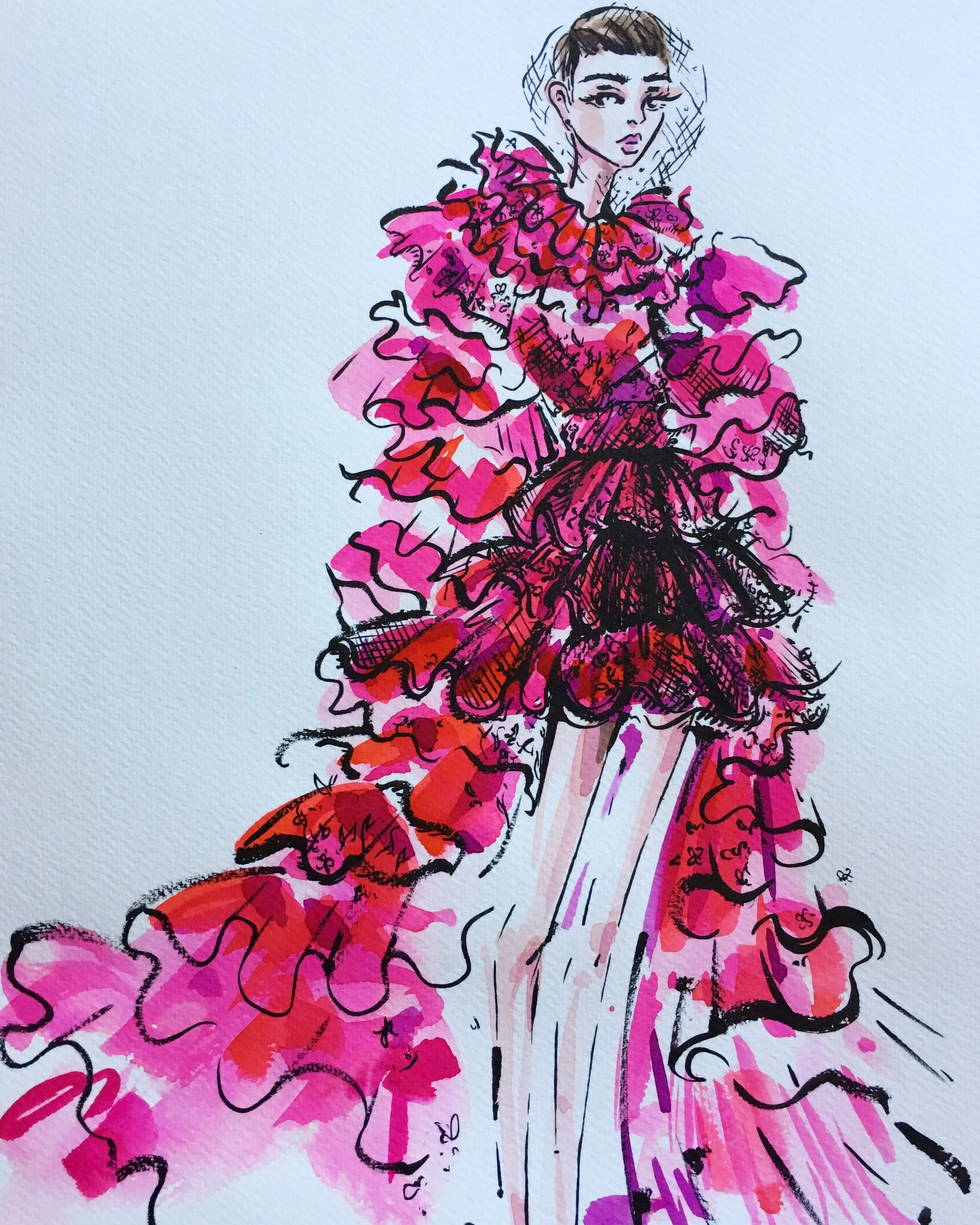 Model in Hot Pink Giambattista Valli Lace Gown