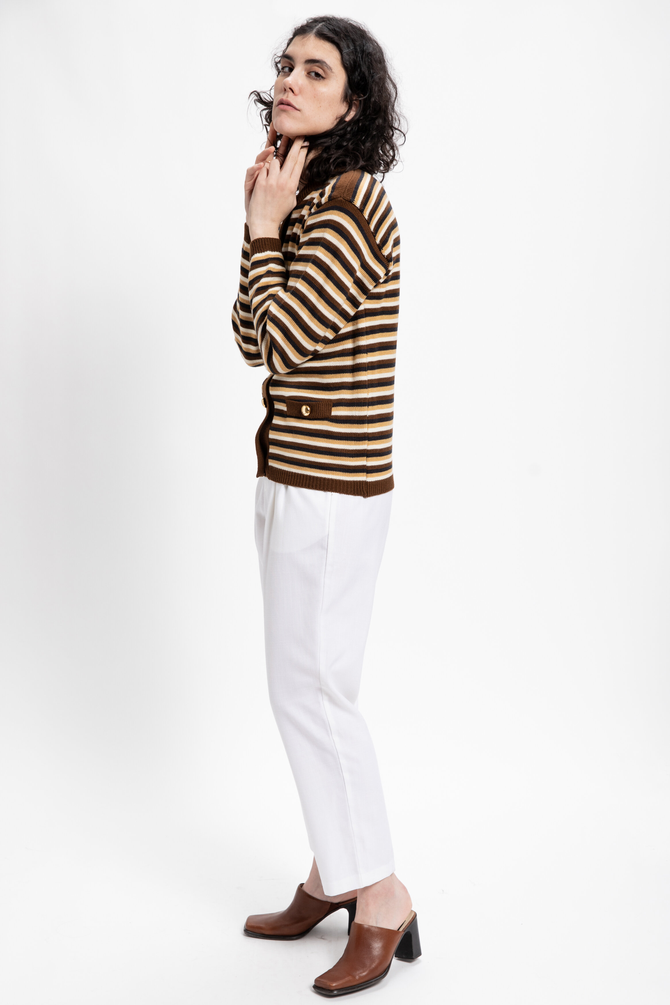 70s Brown Striped Cardigan S — DEAD 