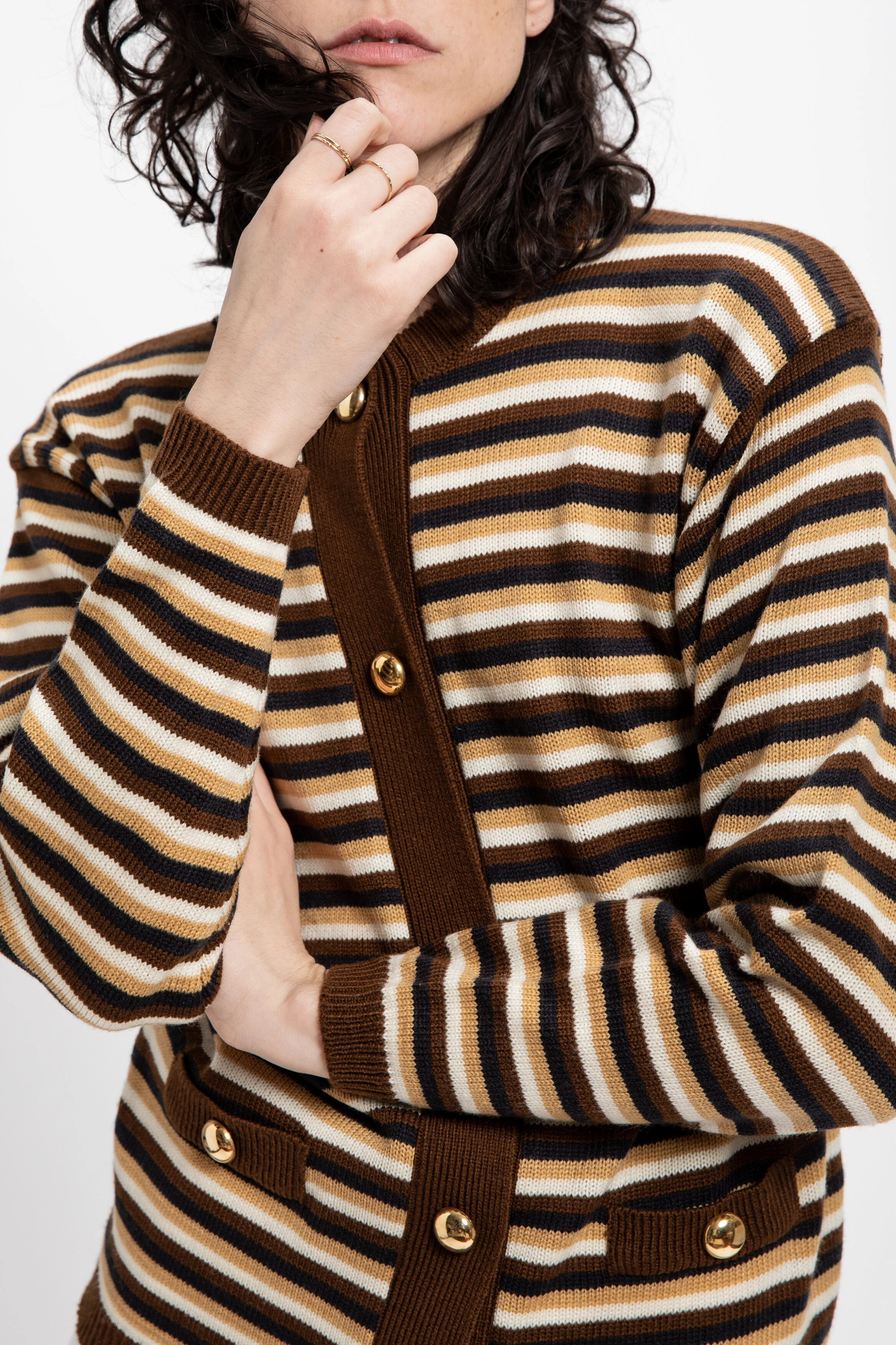 70s Brown Striped Cardigan S — DEAD 