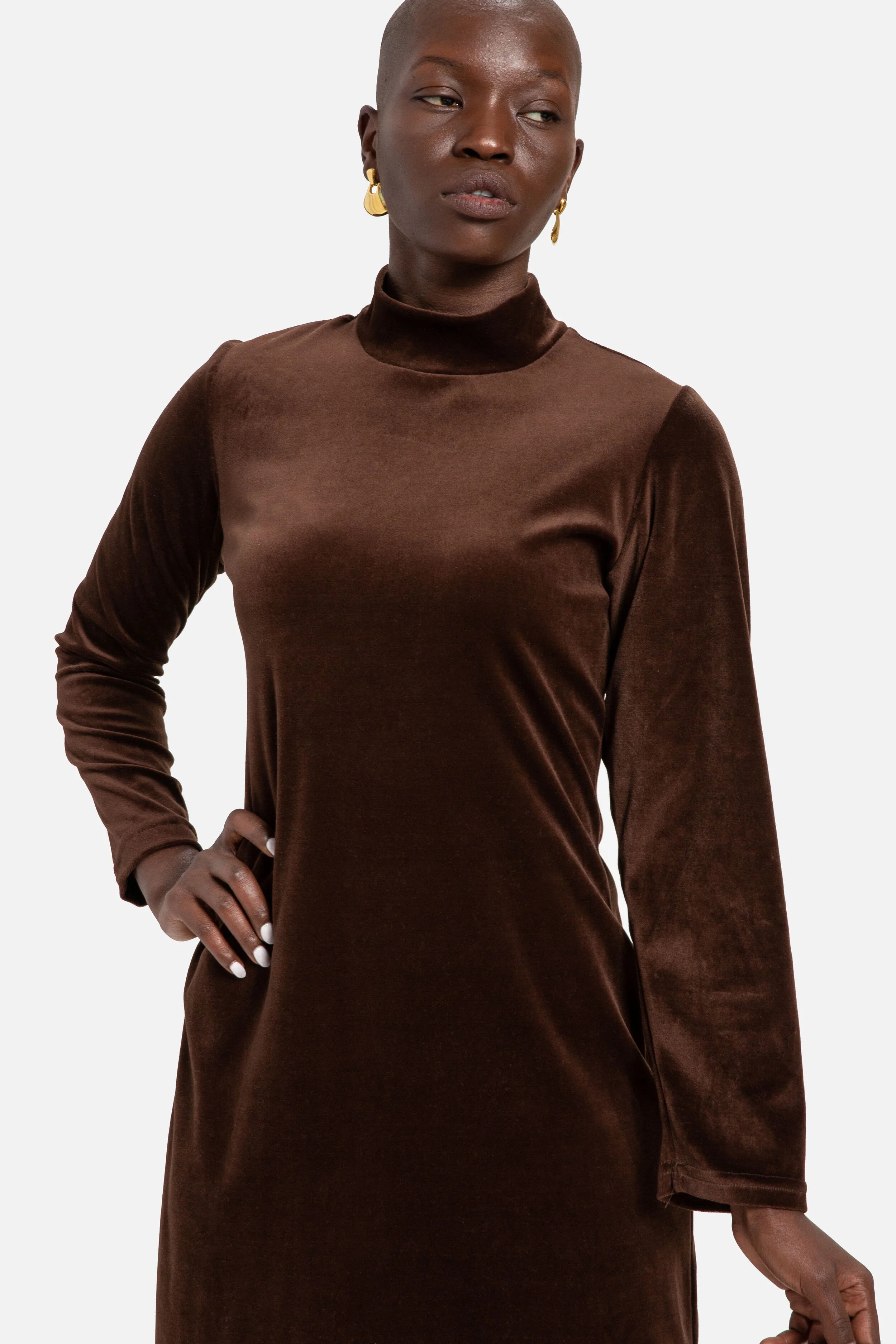 70s Chocolate Velvet Turtleneck Dress M 