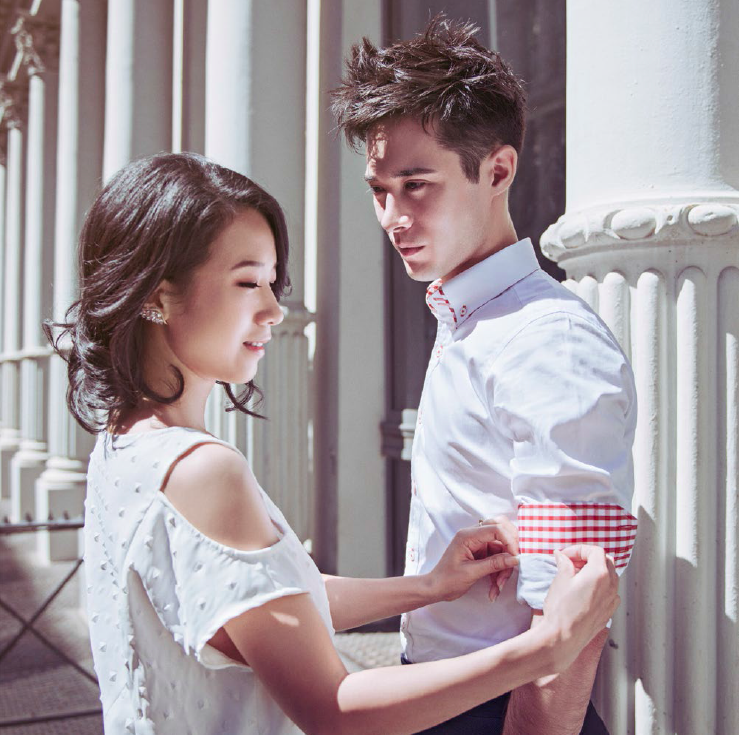 Designer Alice Yim wearing her SS17 design, Koki Tomlinson wearing Shirtologi bespoke shirt and pants