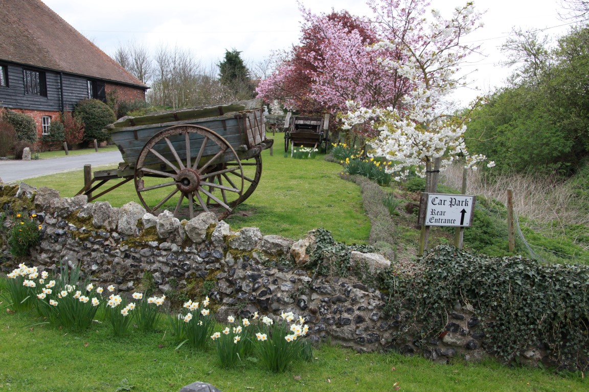 Outside the tithe barn in spring