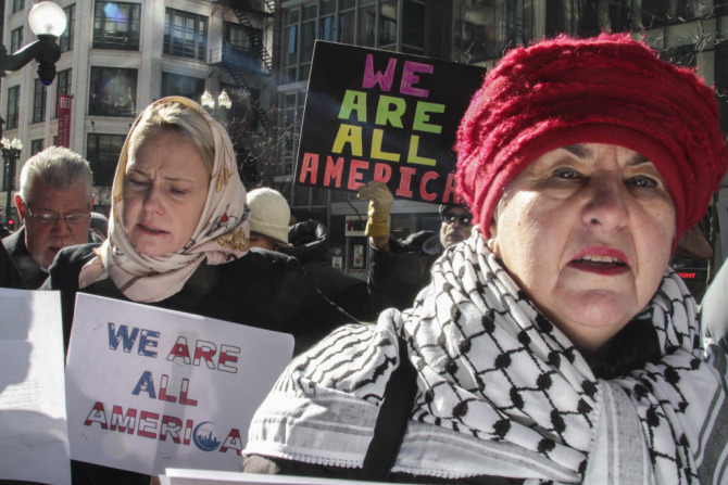 Muslim Solidarity Caroline Cracraft, right, stood outside the Council of Islamic Organization of Greater Chicago in solidarity with the Muslim community. | Maria Cardona: SunTimesjpg.jpg