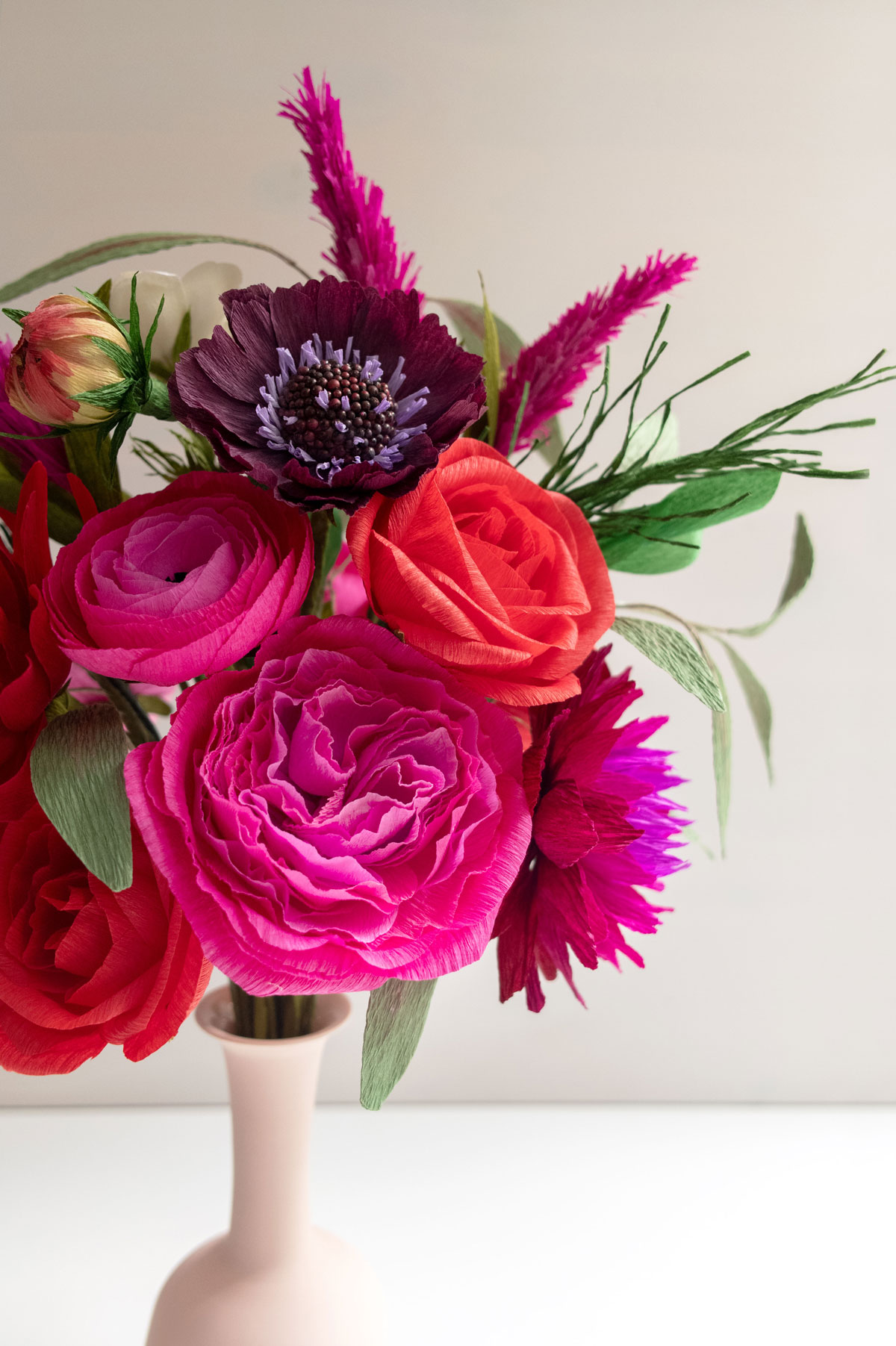Paperversary bouquet created for Terry & Carol , featuring scabiosa, ranunculus, garden roses, dahlias, anemone, celosia, and foliage.