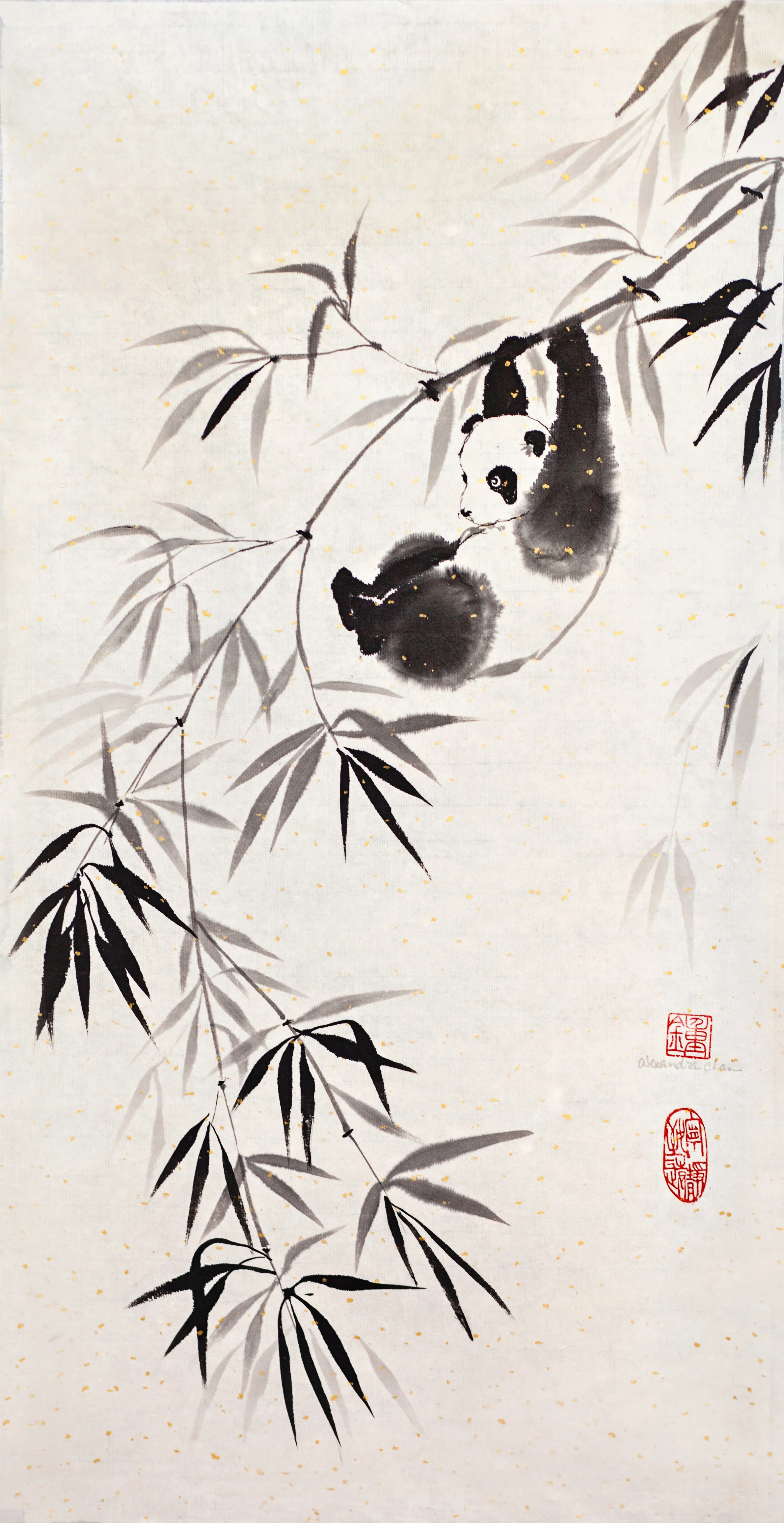 Panda Swinging in Bamboo