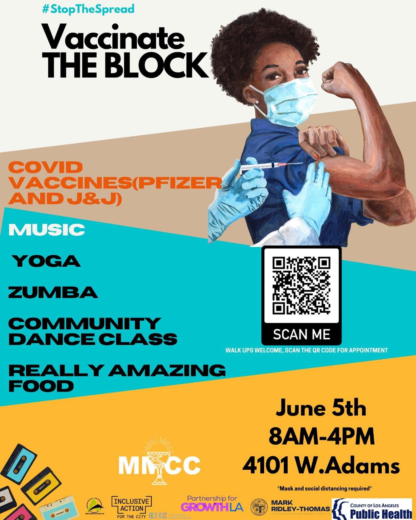 Hello Family! This Saturday, June 5th, don&rsquo;t miss out! We are offering vaccinations to those who lack the resources, so, make sure you spread the word! There will be free food, a DJ, a Zumba/exercise class at 9am and a community dance class at 