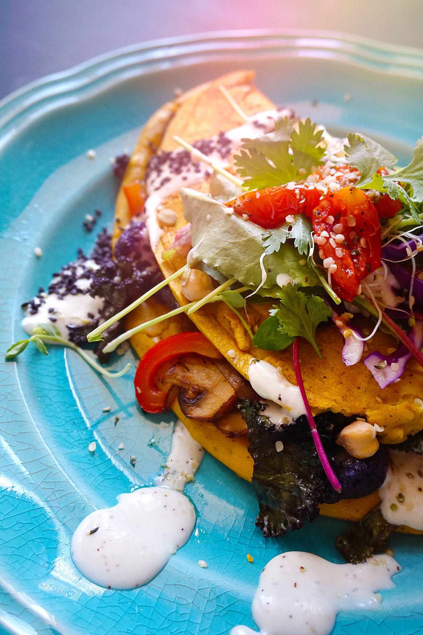 Garden Vegetable Vegan Omelet Topped with a Garlic Aioli