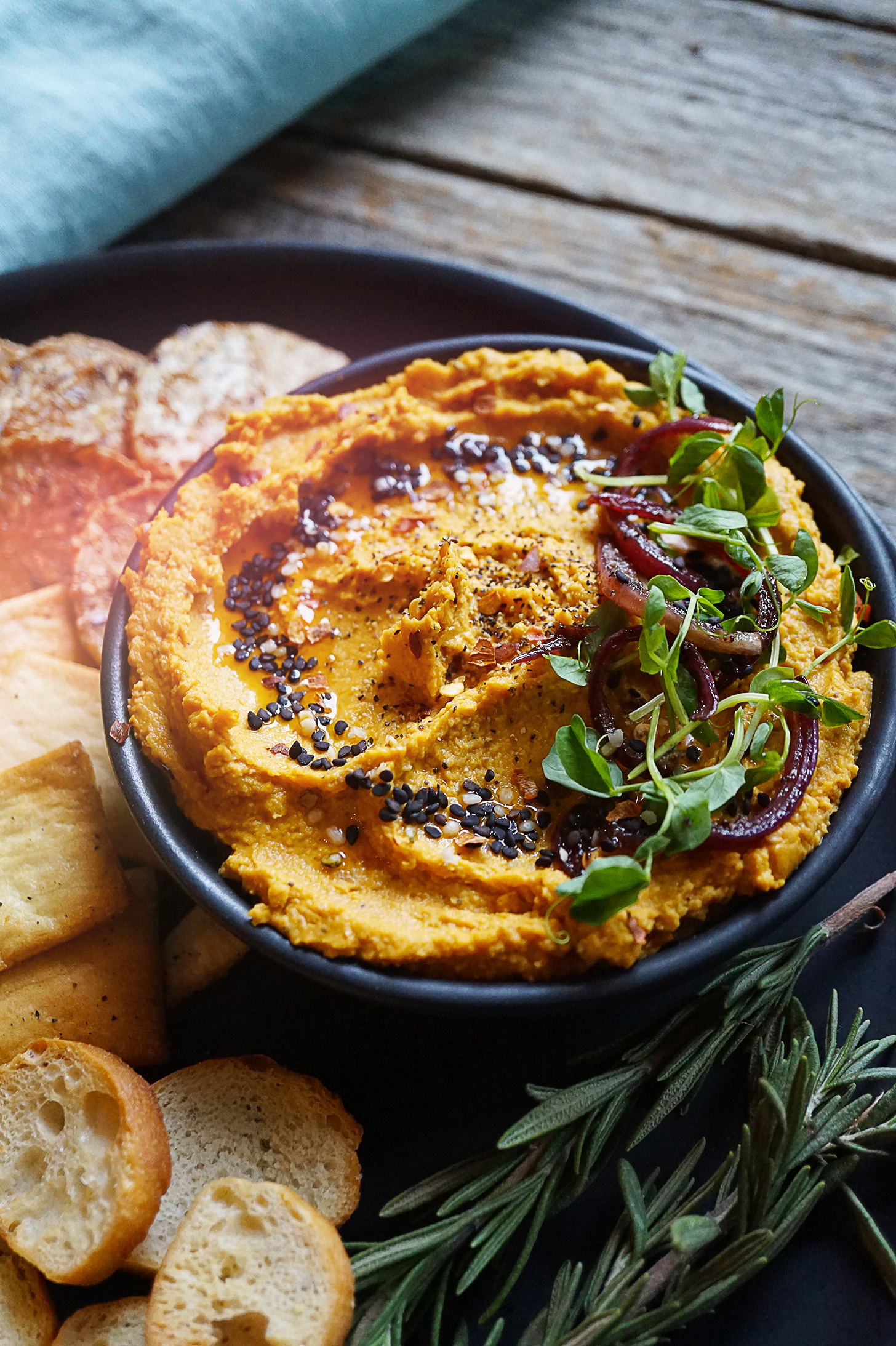 Pumpkin Hummus with Balsamic Caramelized Red Onions
