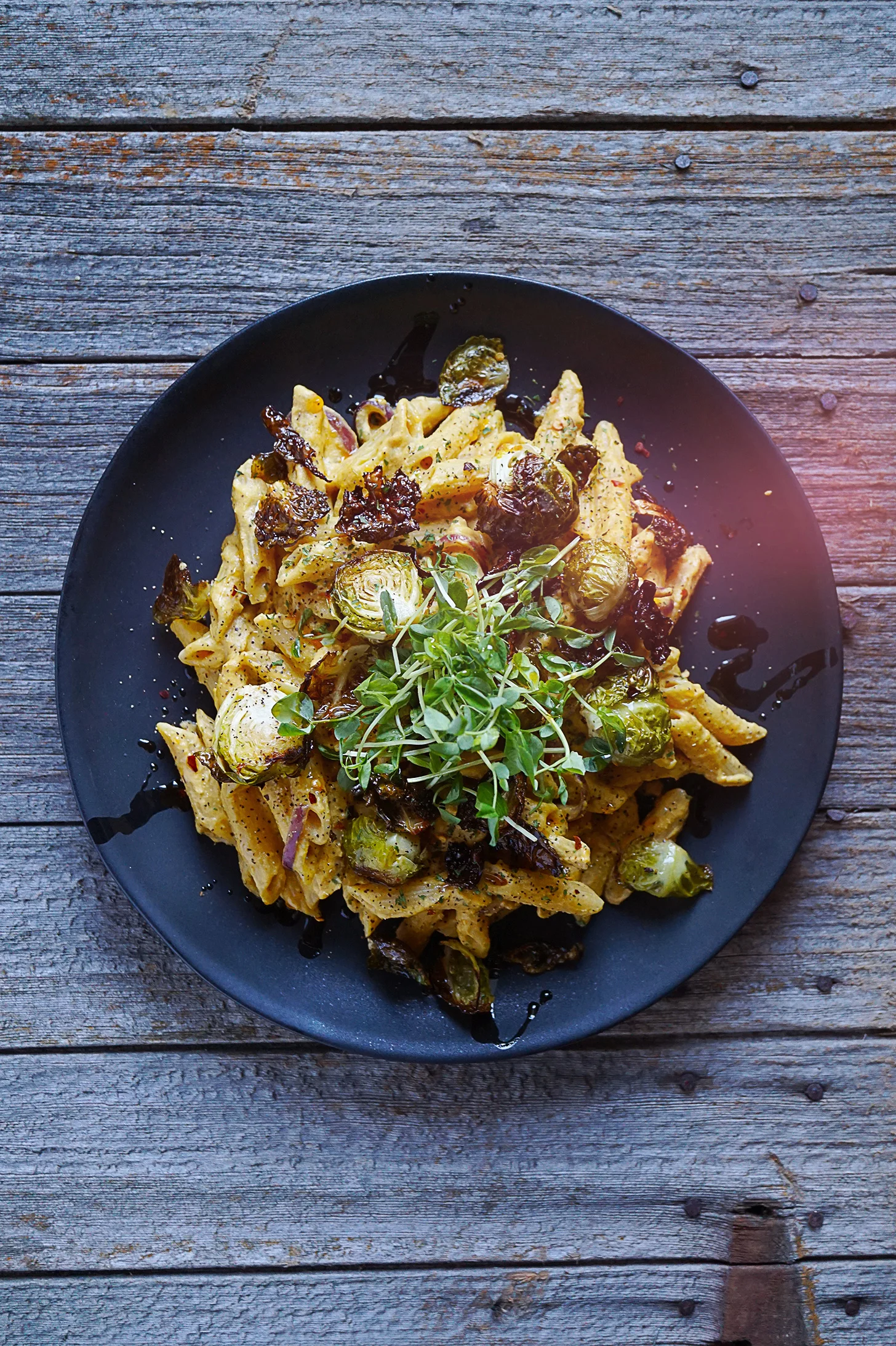 Creamy Pumpkin Pasta with Roasted Brussel Sprouts  