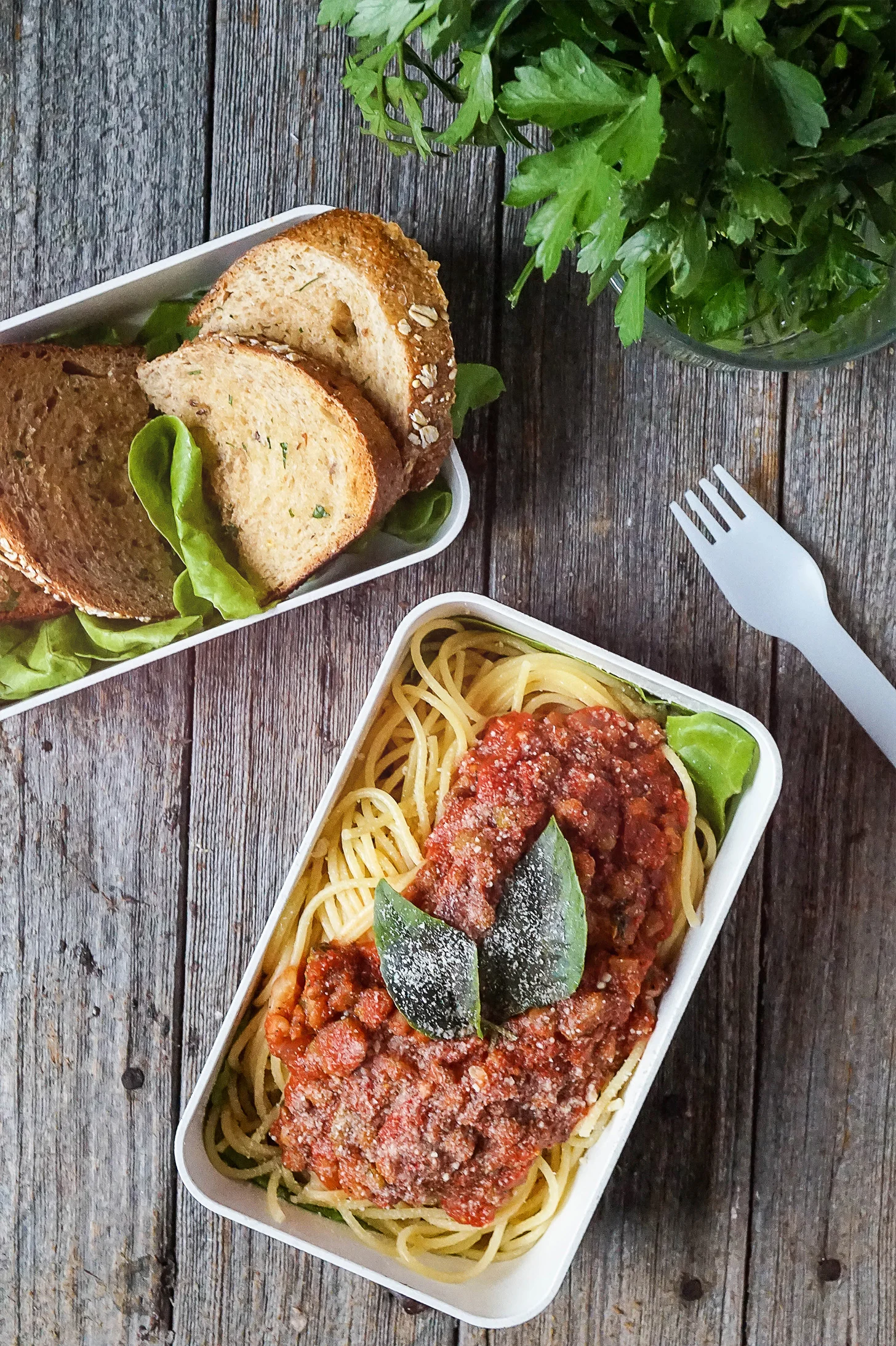 Vegetable Lentil Bolognese Spaghetti with Garlic Bread