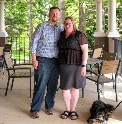 John and Sirpa Peacock, owners and winemakers of Ocelli Cellars, on the patio of their Grenache-focused tasting room near Dundee, Oregon in the Willamette Valley.