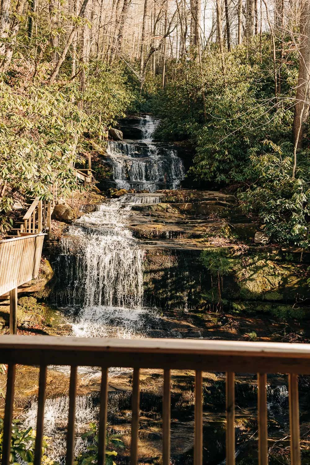 Waterfall viewing from porch in bat cave north carolina near chimney rock and lake lure