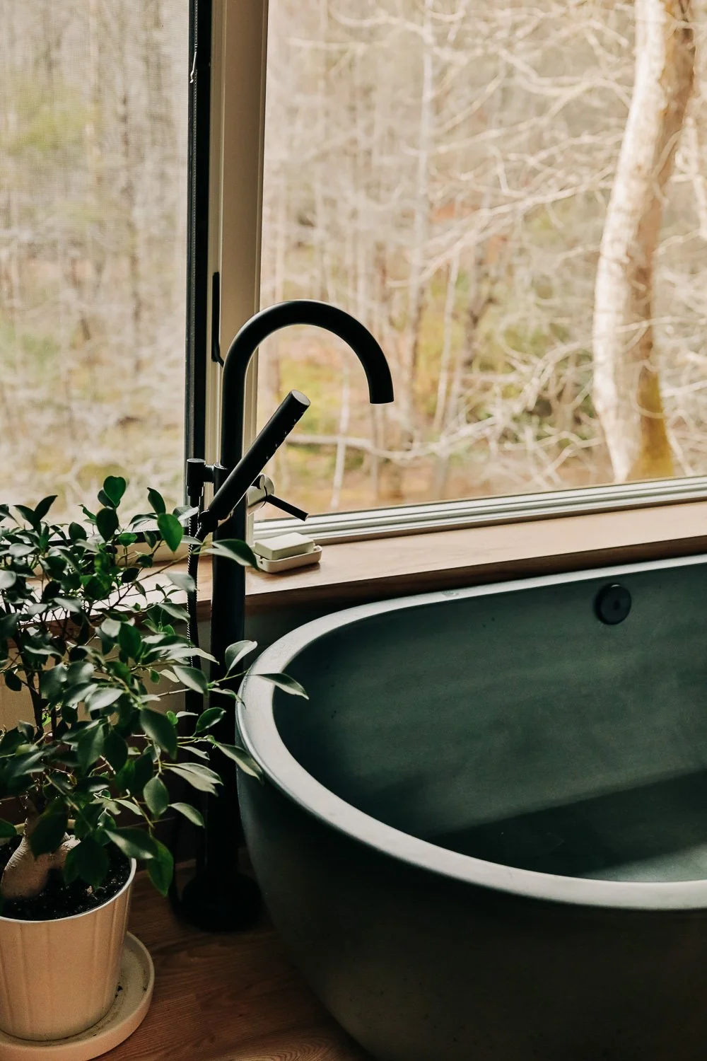 Close-up of freestanding tub with natural light, black fixtures, and surrounding wood finishes in Bat Cave NC
