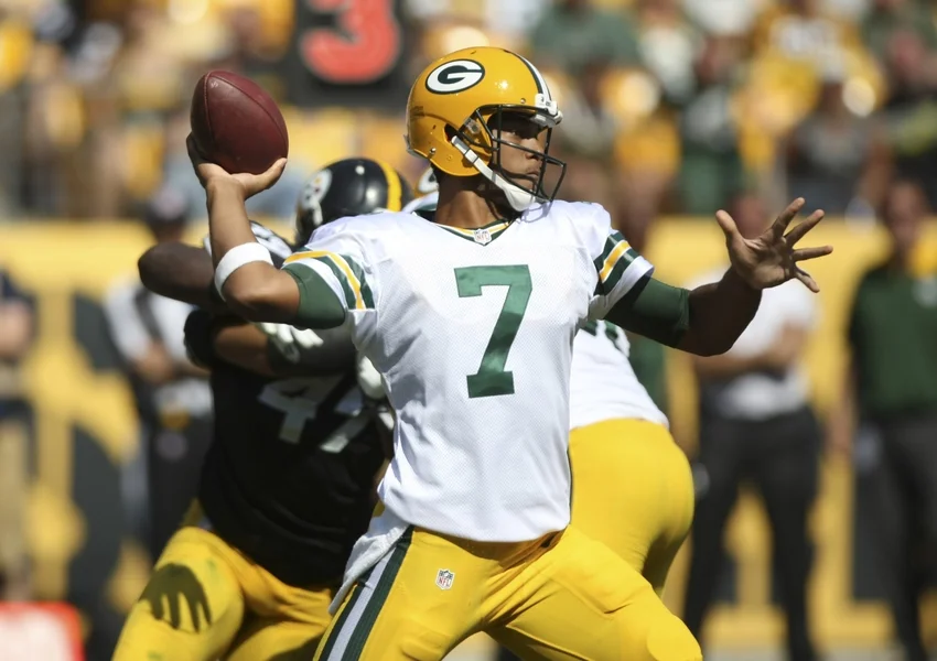 Aug 23, 2015; Pittsburgh, PA, USA; Green Bay Packers quarterback Brett Hundley (7) throws a pass against the Pittsburgh Steelers during the second half of the game at Heinz Field. The Steelers won the game, 24-19. Mandatory Credit: Jason Bridge-USA TODAY Sports