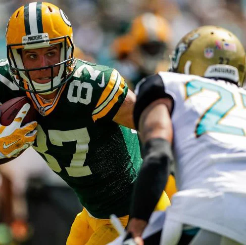 Jordy Nelson (#87) returned to action for the Packers against the Jaguars and caught Aaron Rodgers' first touchdown pass of the season.