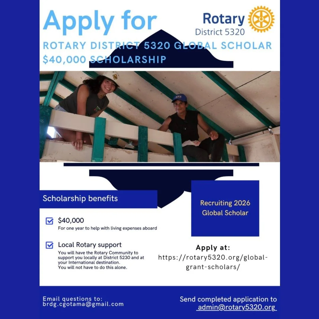Looking to study abroad and make a global impact? 🌍
Rotary District 5320 is now recruiting the 2026 Global Scholar &mdash; offering a $40,000 scholarship to support one year of international graduate study.

Receive local Rotary mentorship, funding 