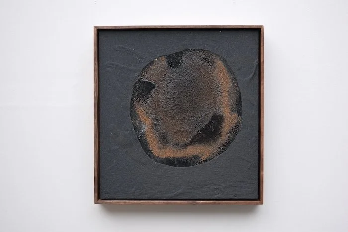  Space  sand, sediments, pitch on panel, walnut frame  11 x 12 x 1.5”  2022 