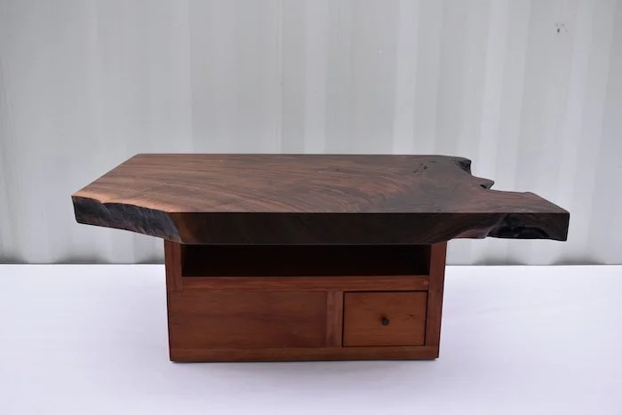  Coffee table Oregon walnut top, reclaimed redwood base 36” long x 22 wide x 15” tall   