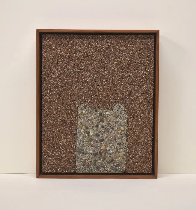  critter  9.5 x 14.5 x 2”  sand, concrete on wood panel,  redwood frame  2023 