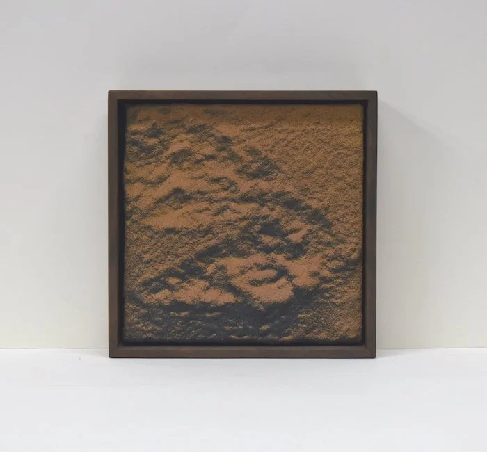  peak  8.25x 8.25 x 2”  sand on concrete on wood panel, walnut frame  2023 