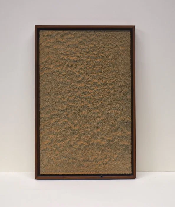  glow  12 x 18.5 x 1.5”  sand, concrete on wood panel,  redwood frame  2023 