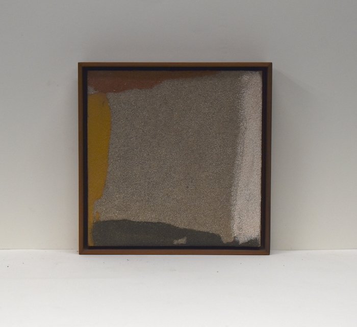  flow  7.5 x 7.5 x 1.5”  sand on wood panel, redwood frame  2023 