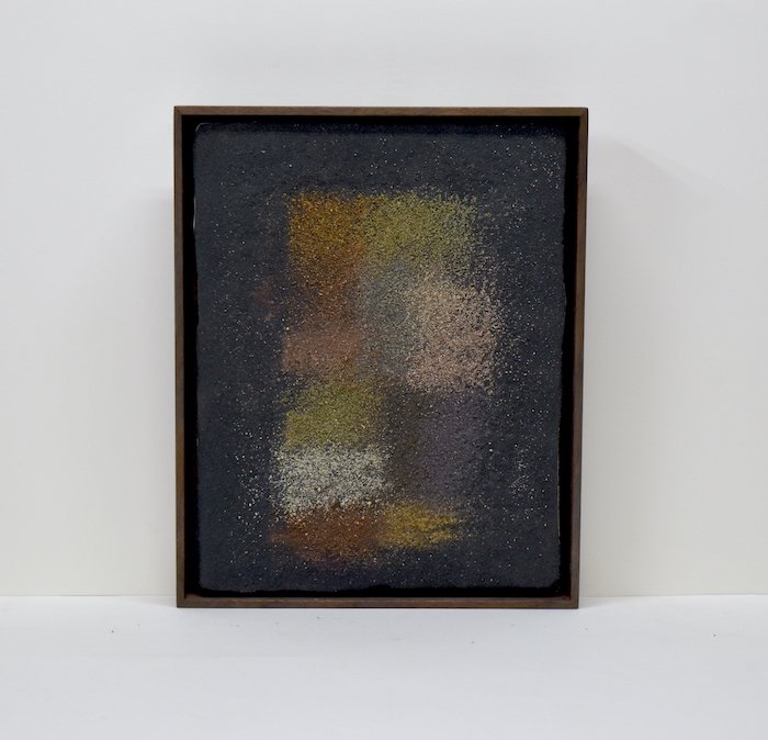    patchwork  9.25x 11.5 x 1.75”  sand on plaster on panel, walnut frame  2023 