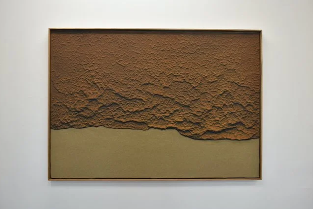  sea/ shore  42 × 60”  sand, sediment, cement on panel—white oak frame  2025   