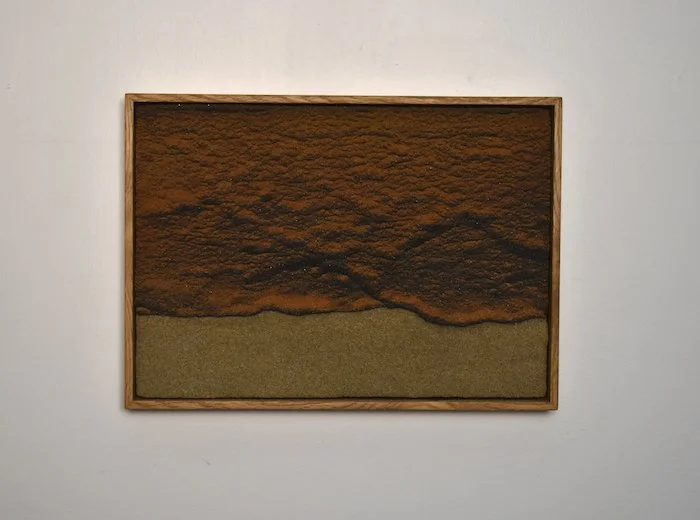  shoreline  11 × 15 × 2”  sand, sediment on panel—white oak frame  2025  $750 