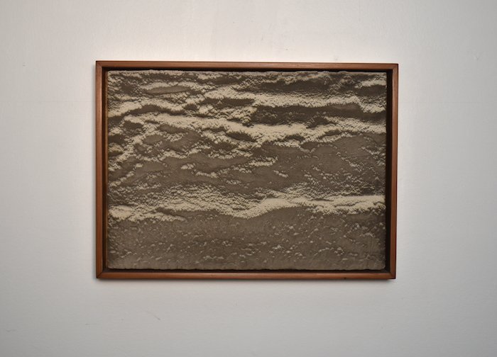  st helens  11 × 15 × 2”  sand, cement, ash on panel—redwood frame  2025 